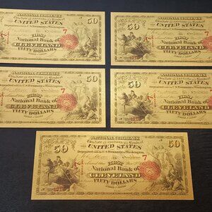"LOT OF 5" 1863 $50 Bill The First National Bank of Cleveland OH 24K Gold Foil